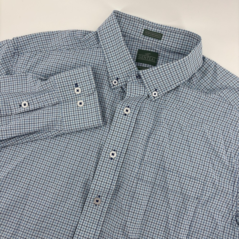 Genteal Performance Shirt Mens Large Blue Check Long Sleeve Button Down